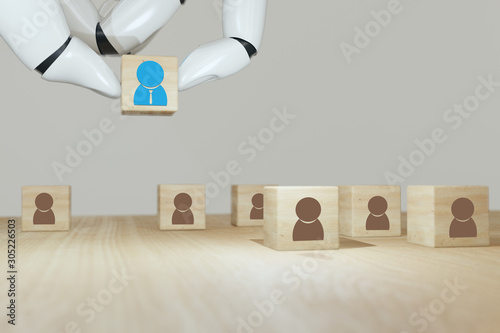 3d rendering Robot hand put ,pick or choose the one who got idea or special or right man for job than other in human resources management (hrm) or recruitment in business concept