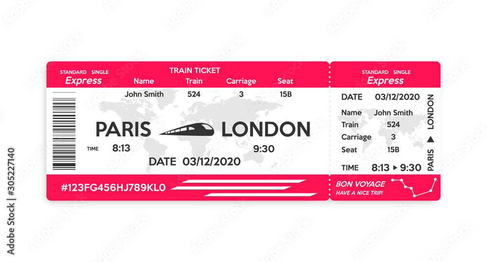Train pass ticket isolated on white background. - obrazy, fototapety, plakaty 