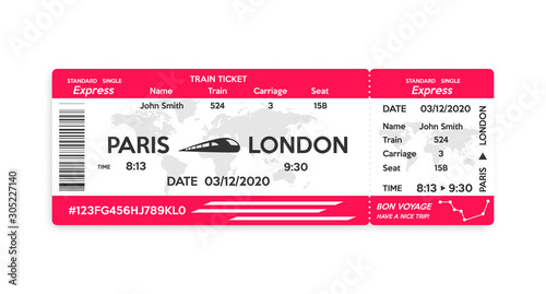 Train pass ticket isolated on white background. photo