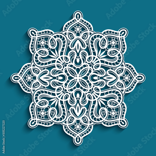 Round lace doily under cake, vintage crochet ornament, cutout paper decorative snowflake, mandala circle pattern, template for laser cutting