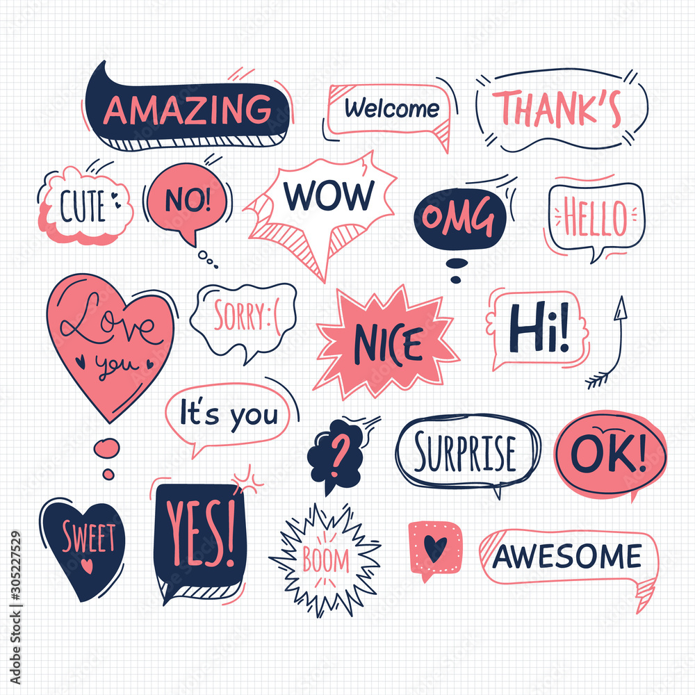 Naklejka premium Set of speech bubbles related objects and elements. Hand drawn vector doodle illustration collection. Grouped with text easily removed.