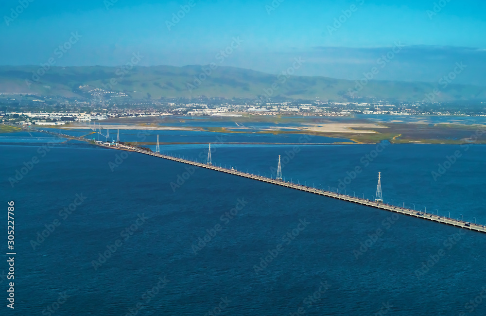 Aerial view of San Mateo Bridge crossing the San Francisco Bay