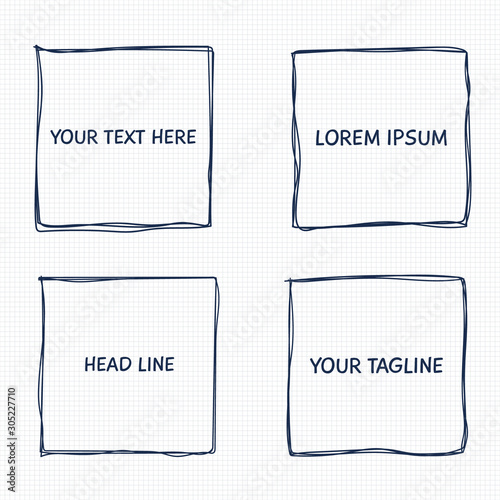 Hand drawn square line sketch set. for message note mark design element. Pencil or pen graffiti bubble or ball draft illustration.