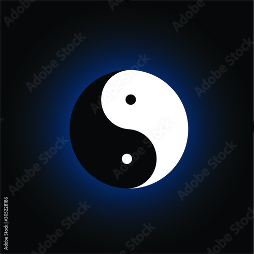 Yin-Yang black and white colours with dark blue aura in black background, Vector illustration, Yin and Yang symbol of harmony and balance