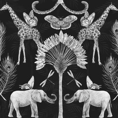 Sierkussen Tropische print patronen Afrikaanse safari olifanten en giraffen  © Zenina-Lembrik