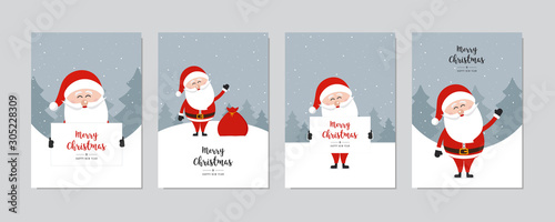 Cute santa claus card set. Merry christmas and Happy New Year greeting winter snowy background lettering vector. Christmas card set.