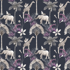 Sierkussen Tropische print patronen Safari dieren patroon olifanten giraffen  © Zenina-Lembrik