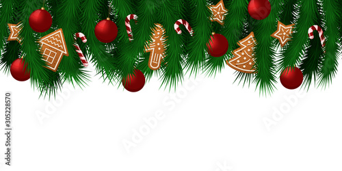 Template sale banner for Christmas and New Year with branches of the Christmas tree and traditional decorations: gingerbread cookies, balls, candy cane. Stock vector illustration.