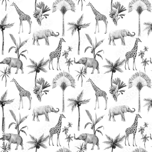 Watercolor vector seamless patterns with safari animals and palm trees. Elephant giraffe.