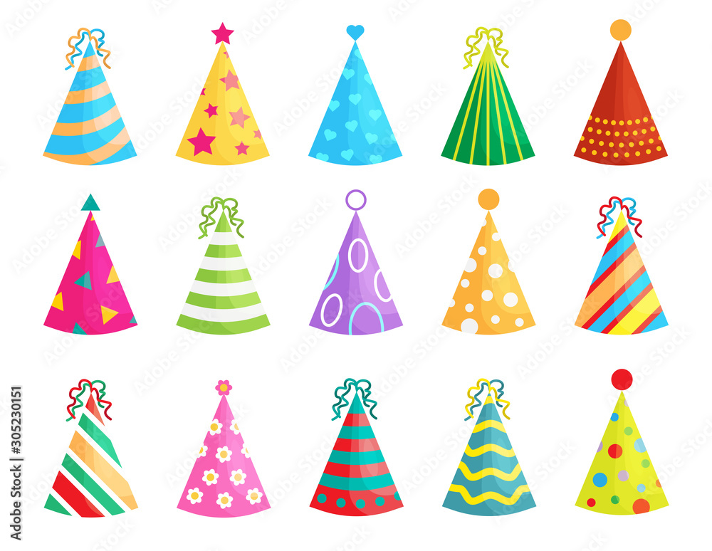 Set of Birthday party hats isolated on white background. Vector party cones with cute decoration. Christmas caps collection. - obrazy, fototapety, plakaty 