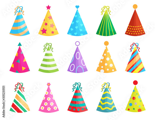 Set of Birthday party hats isolated on white background. Vector party cones with cute decoration. Christmas caps collection.