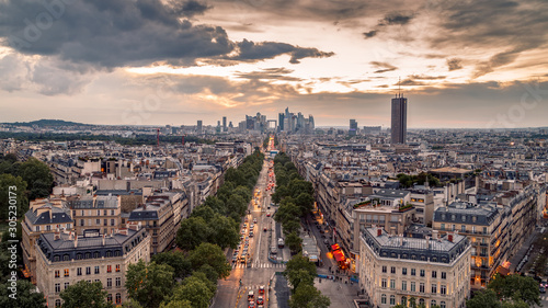Aerial panoramic sunset view of Paris, France. Cityscape from the top of Triumph Arch.  © Telly