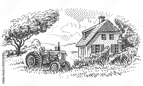 An old tractor near farmhouse in countryside engraving style illustration. Vintage rustic village drawing. Vector. 