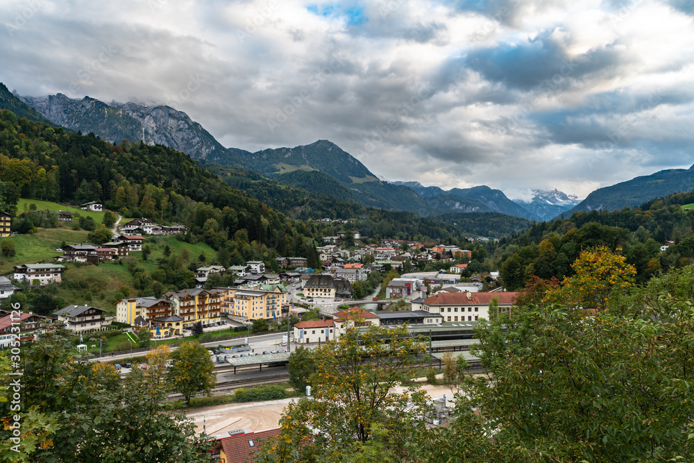 Aerial view of the alpine town Berchtesgaden on a cloudy day, Bavaria, Germany