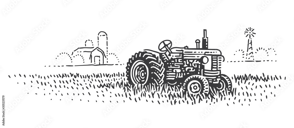 An old retro tractor in field engraving. Old tractor vintage illustration. Vector. 