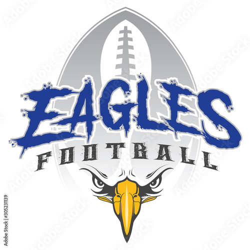 Eagles Football With Mascot is an eagles mascot design template that includes team text, a stylized football graphic in the background and an eagles face. Great for team or school t-shirts.