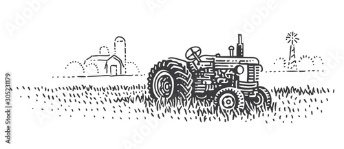An old retro tractor in field engraving. Old tractor vintage illustration. Vector. 