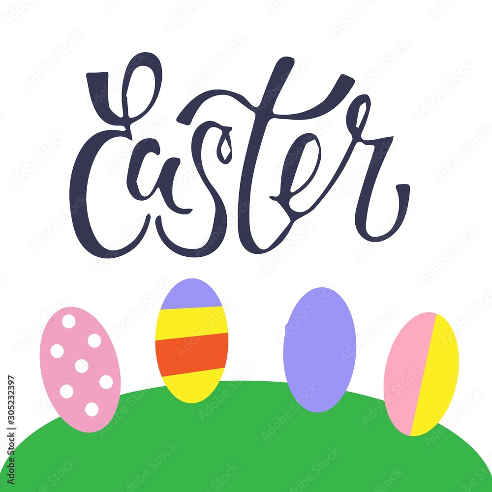 Fototapeta premium Happy Easter lettering composition hand drawn with egg. Vector colorful illustration.