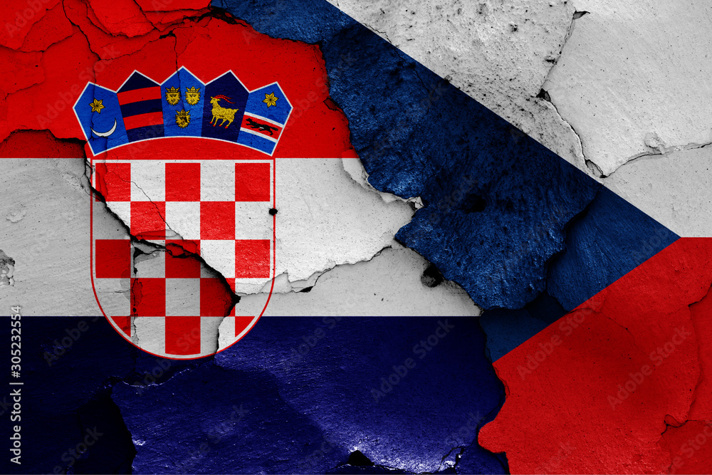 flags of Croatia and Czech republic painted on cracked wall