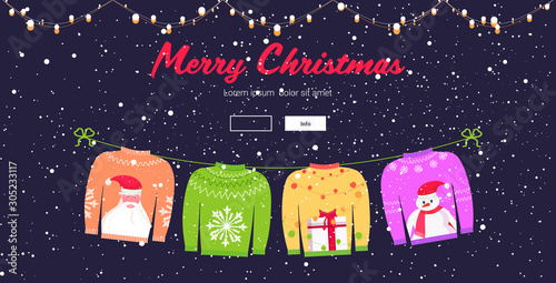 christmas sweaters traditional knitted jumpers with different prints santa claus snowflake gift box snowman merry xmas happy new year holidays celebration concept greeting card horizontal vector