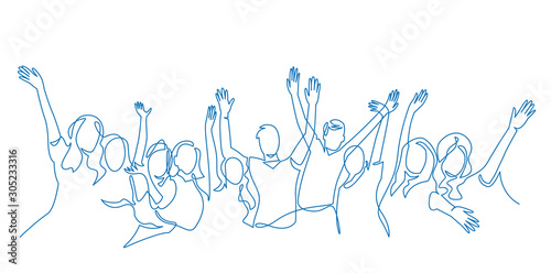 Cheerful crowd cheering illustration. Hands up. Group of applause people continuous one line vector drawing. photo