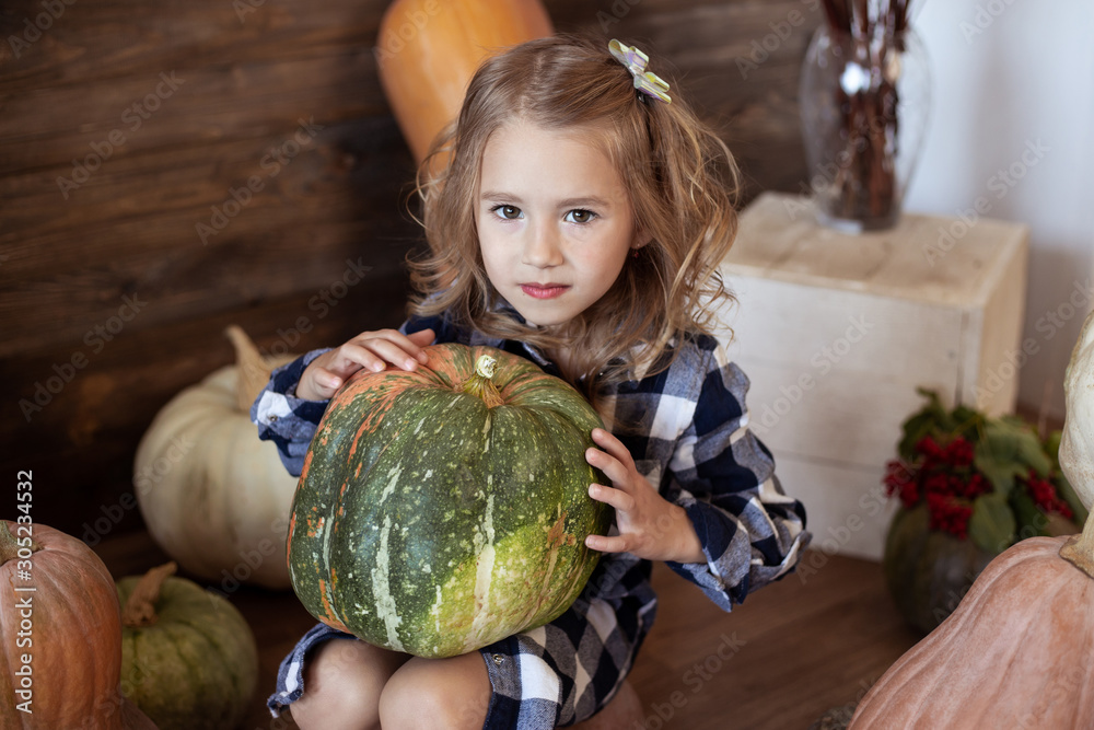 Fototapeta premium girl with pumpkin indoors in autumn background
