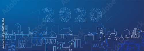 2020 city silhouette landscape urban town. futuristic new year digital cityscape in technology style. vector illustration