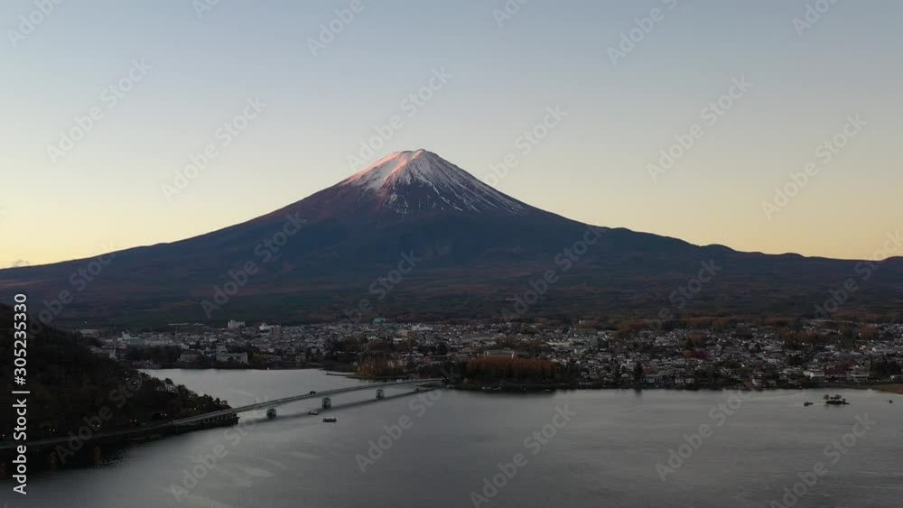 Aerial view of Mt. Fuji and lake Kawaguchiko at dawn Aerial view of Mt. Fuji and lake Kawaguchiko at dawn
