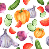 Watercolor seamless pattern with bright vegetables from the garden. Hand-drawn for textiles, fabrics, paper decor, holidays and any design.