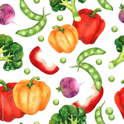 Watercolor seamless pattern with bright vegetables from the garden. Hand-drawn for textiles, fabrics, paper, holidays and any design.