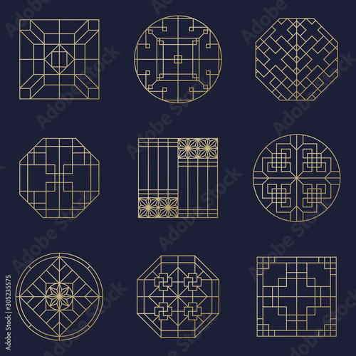 Asian frame set in vintage style. Traditional chinese ornaments for your design. Vector golden japanese pattern. Artwork graphic, asian culture decoration