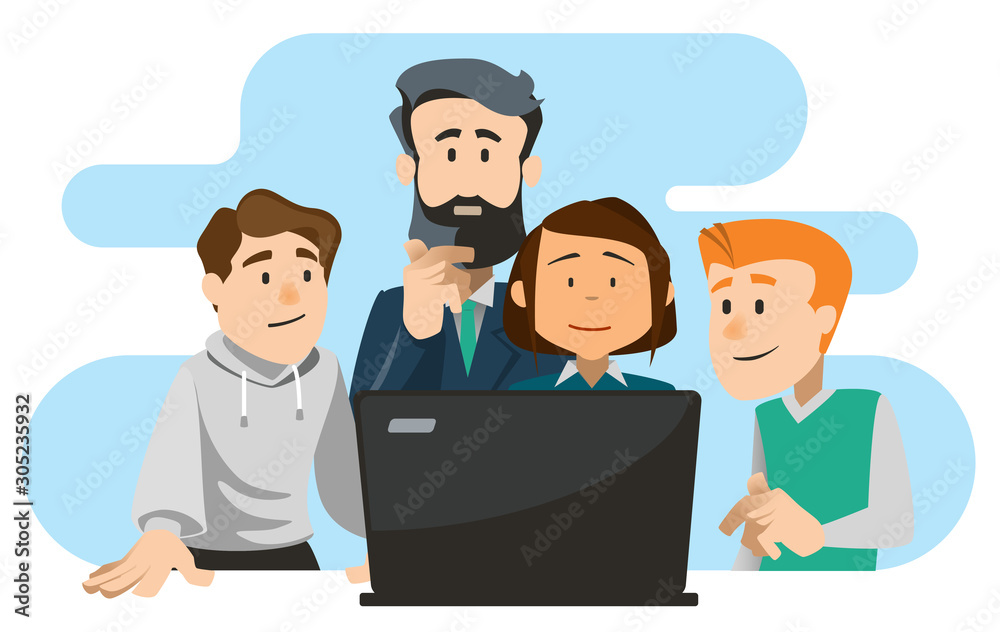 Demonstration. A young student demonstrates her project to a teacher and comrades on a computer. Illustration, vector. Demonstration. A young student demonstrates her project to a teacher and comrades on a computer. Illustration, vector.