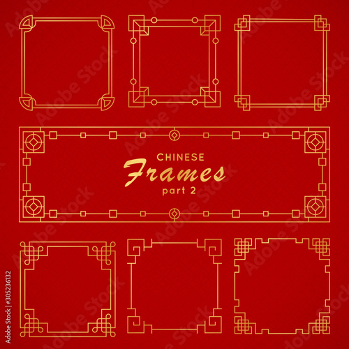 Asian frame set in vintage style on red background. Traditional chinese ornaments for your design. Vector golden japanese pattern. Artwork graphic, asian culture decoration