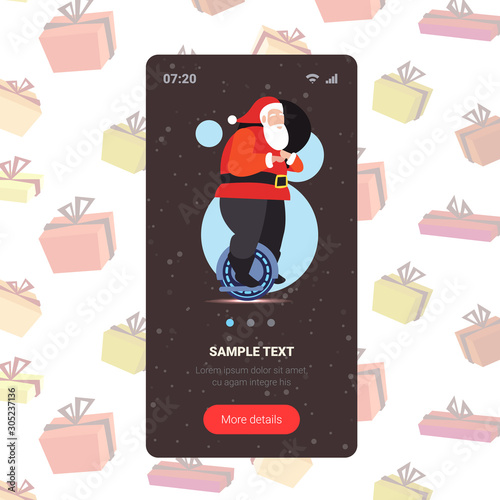 santa claus riding self balancing mono wheel personal electrical transport merry christmas happy new year winter holidays celebration concept smartphone screen online mobile app vector illustration