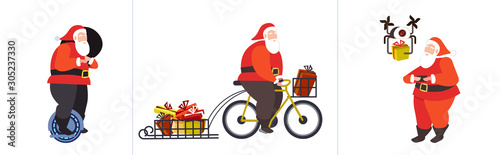set santa claus riding mono wheel cycling and controlling drone merry christmas happy new year winter holidays celebration concept horizontal full length vector illustration