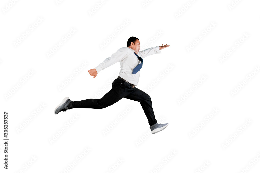 Asian businessman leaping forward isolated over white background