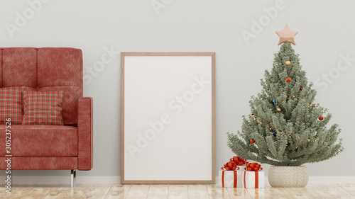 Christmas poster mockup with frame on a white wall background - 3D rendering  illustration.