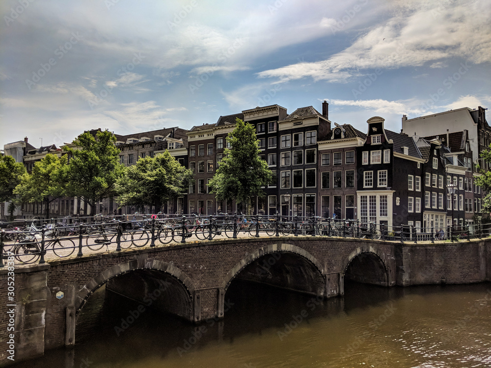 View of Amsterdam canals with bridge and typical dutch houses. Holland