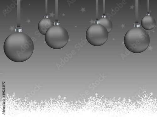 Arrière-plan gris sur le thème de Noël et des fêtes de fin d'année avec boules de Noël, étoiles et flocons de neige