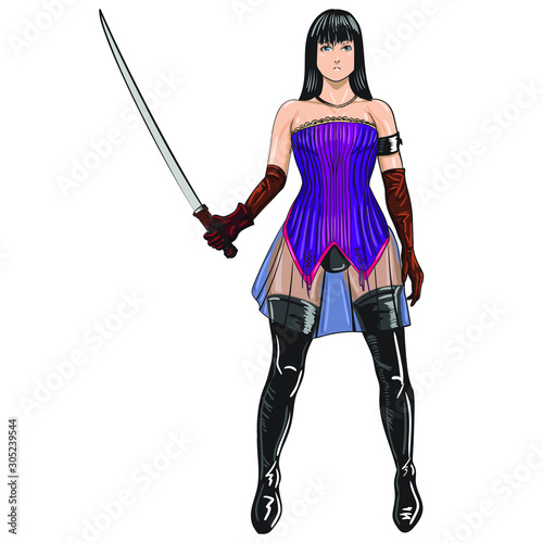 Comics vector girl with sword in japanese style