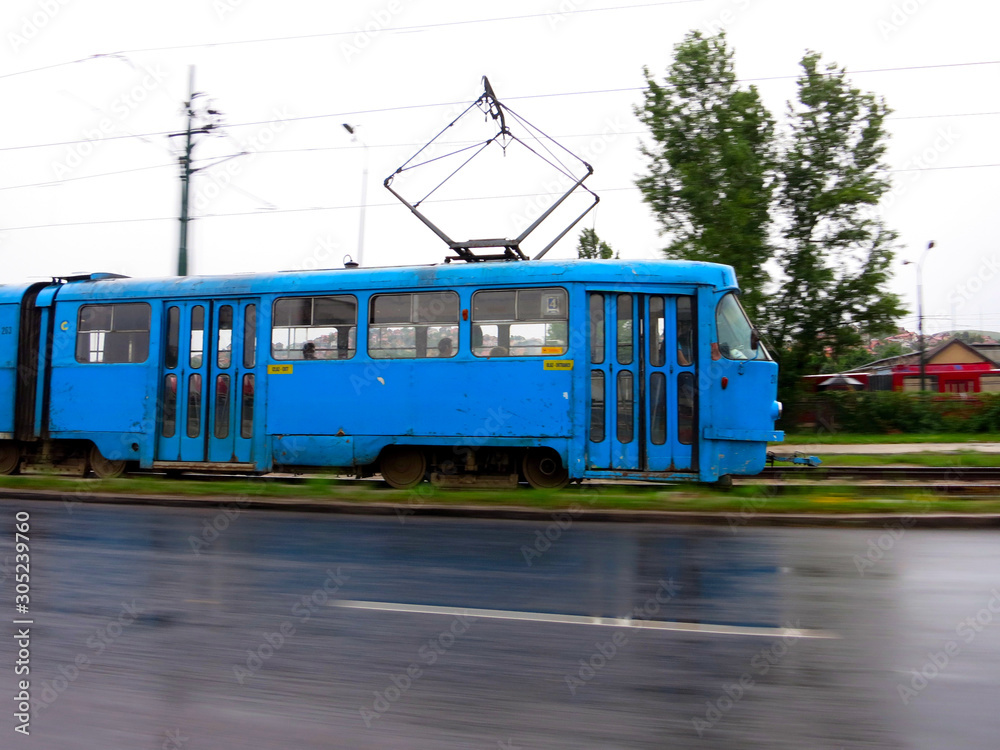 Sarajevo, Bosnia and Herzegovina blue tram in motion