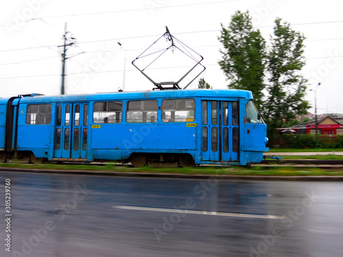 Sarajevo, Bosnia and Herzegovina blue tram in motion