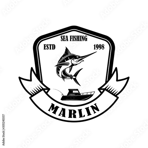 Sea fishing. Emblem template with marlin. Design element for logo, label, sign, poster. Vector illustration