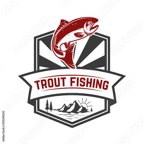 Trout fishing. Emblem template with trout fish. Design element for logo, label, sign, poster. Vector illustration