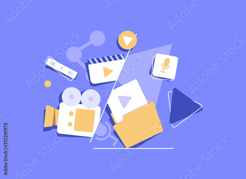 Engaging Content, content marketing success, marketing mix, social media sharing flat vector concept