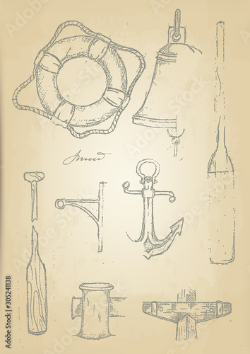 handmade pencil sketches on old yellowed parchment. lifebuoy, oar, anchor, ship's bell. unreadable inscriptions in an incomprehensible language