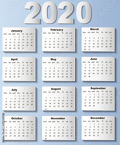 Calendar on 2020 on paper style