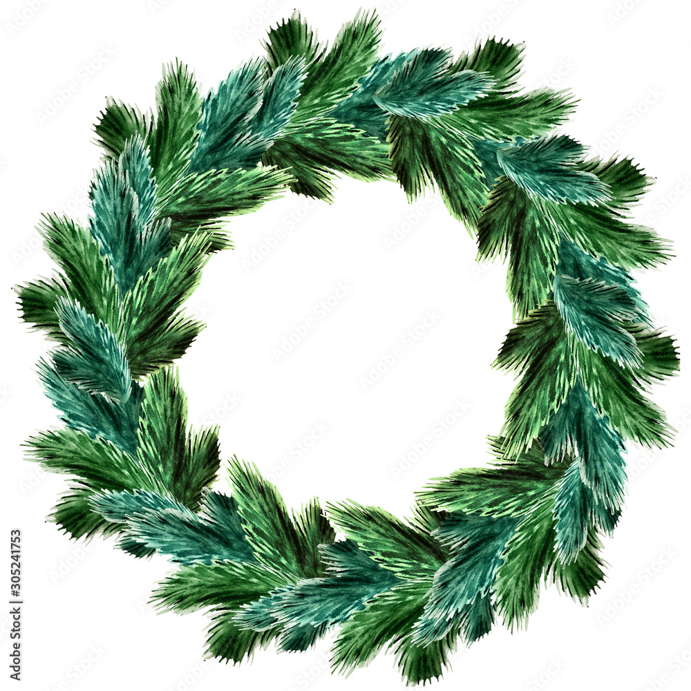 watercolor illustration. round wreath of fir branches.