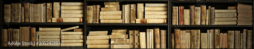 antique books on old wooden shelf.