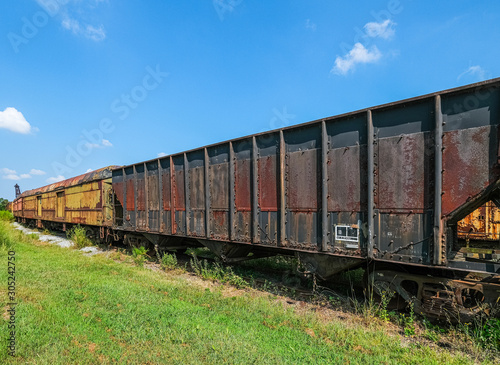 Rusty Train Cars on Track in a Grassy Field